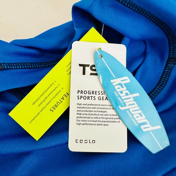 TESLA TSLA COLORBLOCK BLUE BLACK SHORT SLEEVE CREW NECK RASH GUARD SHIRT - Picture 6 of 6